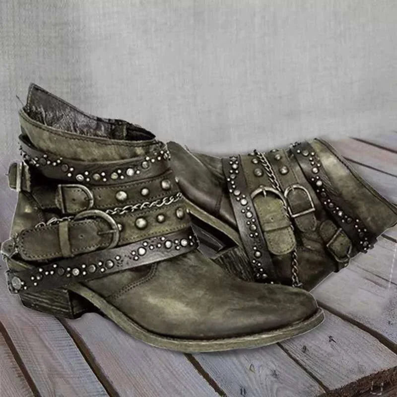 Green Women's Vintage Ankle Boots with Buckle Straps & Studded Detail
