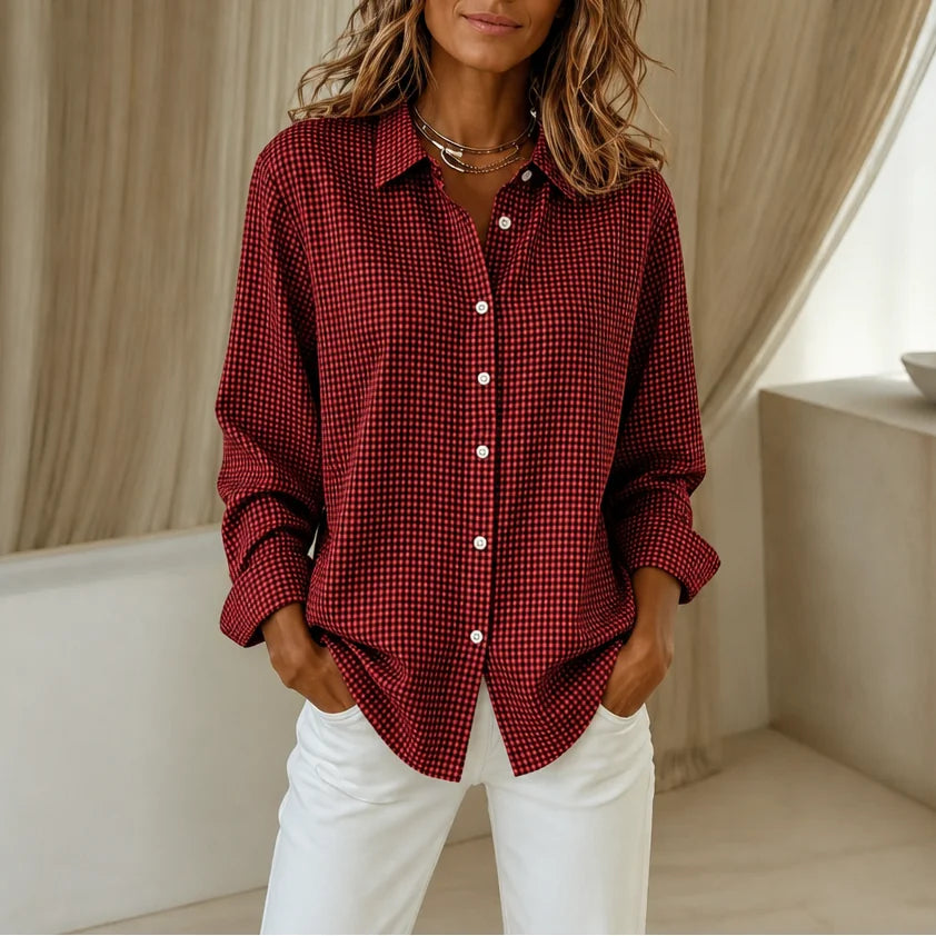 Burgundy Women's Vintage Plaid Button-Front Shirt with Relaxed Fit