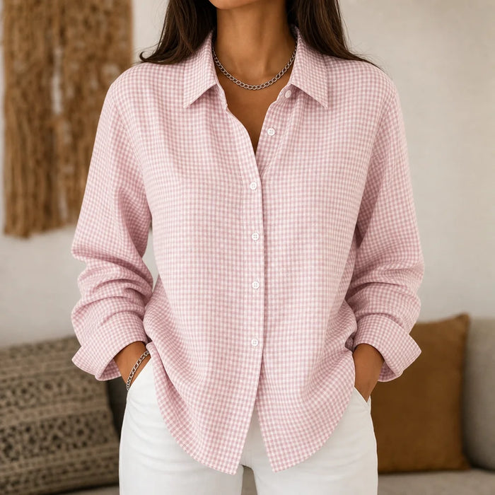 Pink Women's Vintage Plaid Button-Front Shirt with Relaxed Fit - Front Close Up