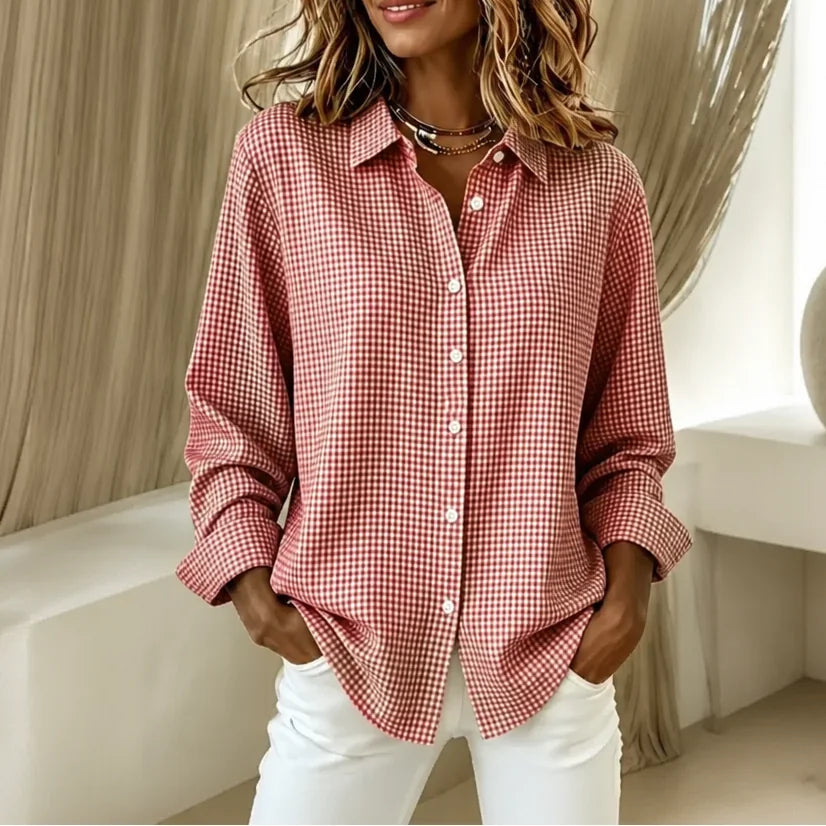 Red Women's Vintage Plaid Button-Front Shirt with Relaxed Fit