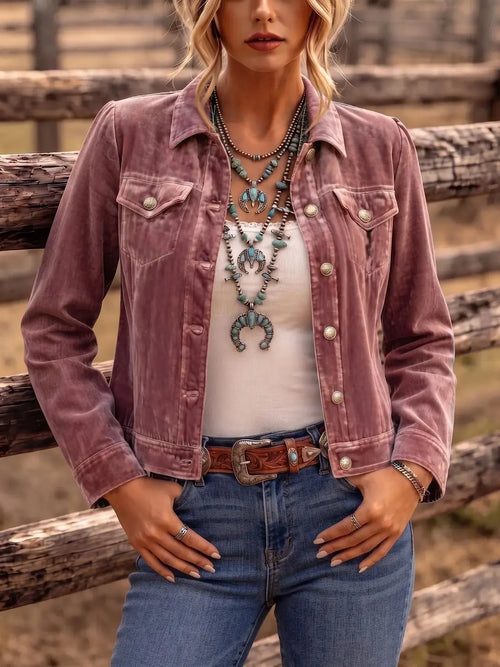Women's Vintage Button Jacket with Chest Pockets & Relaxed Fit - Outdoor Pose