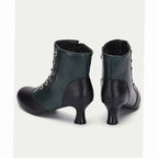 Women's Vintage Button Ankle Boots with Comfort Spool Heel & Side Zip - Green Back View