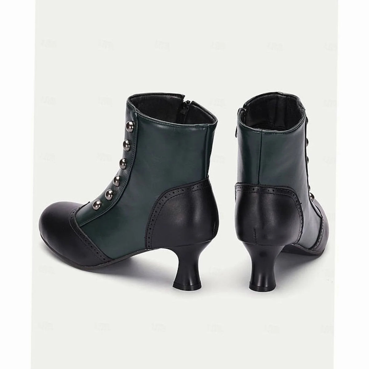 Women's Vintage Button Ankle Boots with Comfort Spool Heel & Side Zip - Green Back View