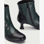 Women's Vintage Button Ankle Boots with Comfort Spool Heel & Side Zip - Green Close Up Detail