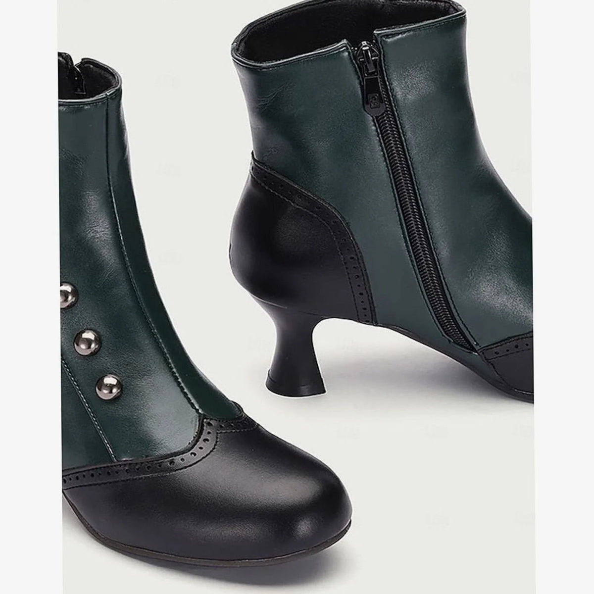 Women's Vintage Button Ankle Boots with Comfort Spool Heel & Side Zip - Green Close Up Detail