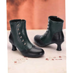 Women's Vintage Button Ankle Boots with Comfort Spool Heel & Side Zip - Green Pair Flat Surface