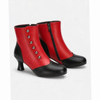 Black/Red Women's Vintage Button Ankle Boots with Comfort Spool Heel & Side Zip - Pair Studio White