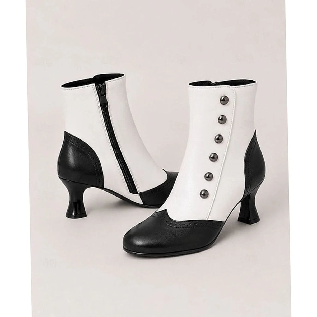 Women's Vintage Button Ankle Boots with Comfort Spool Heel & Side Zip - White Angled Pair Studio
