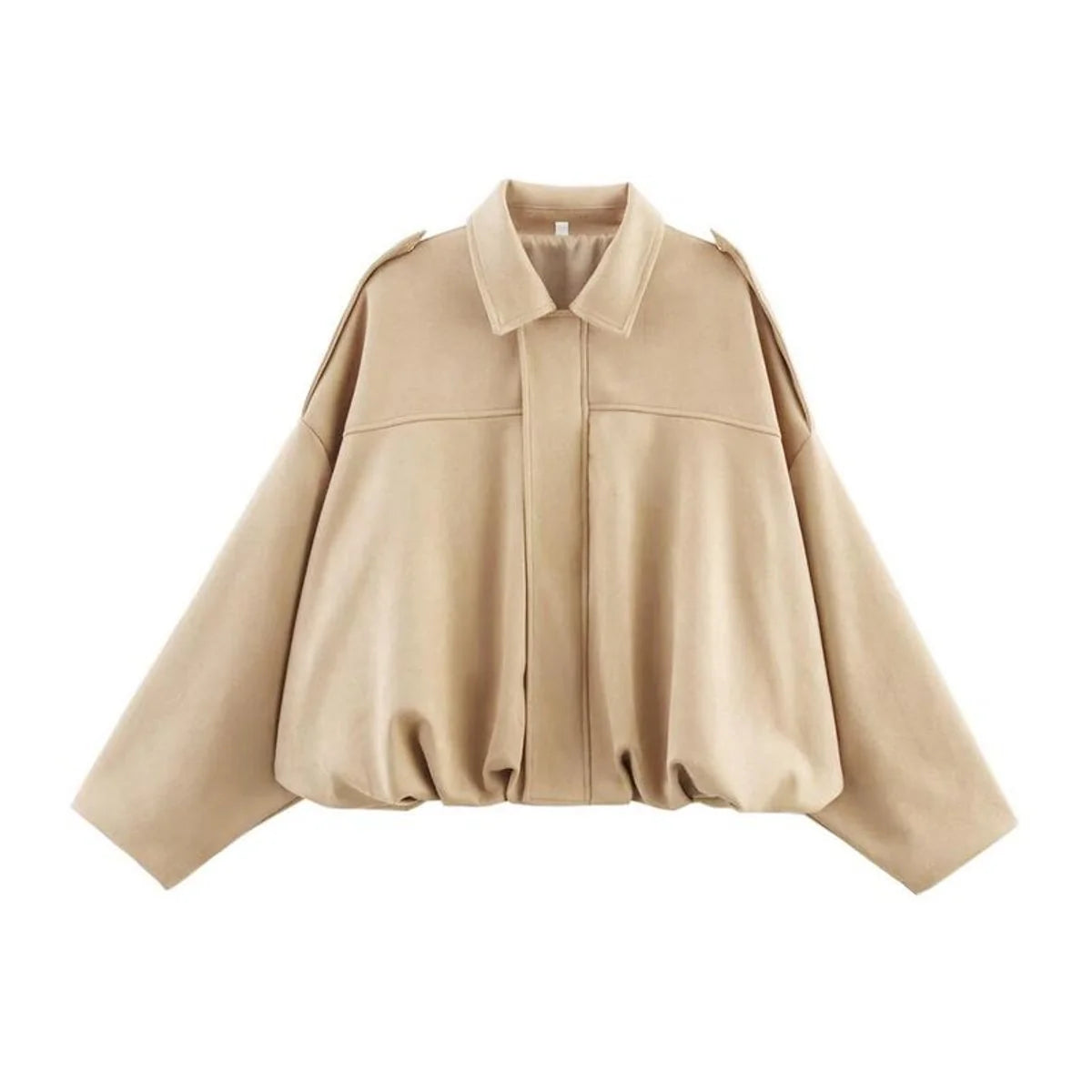Beige Women's Vintage Faux Suede Bomber Jacket with Oversized Fit & Zip Front — Lexie