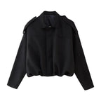 Black Women's Vintage Faux Suede Bomber Jacket with Oversized Fit & Zip Front — Lexie