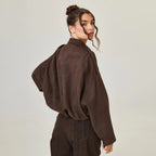 Brown Women's Vintage Faux Suede Bomber Jacket with Oversized Fit & Zip Front — Lexie - Back Full