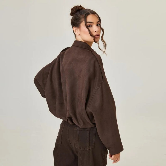 Brown Women's Vintage Faux Suede Bomber Jacket with Oversized Fit & Zip Front — Lexie - Back Full