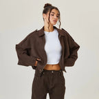 Brown Women's Vintage Faux Suede Bomber Jacket with Oversized Fit & Zip Front — Lexie