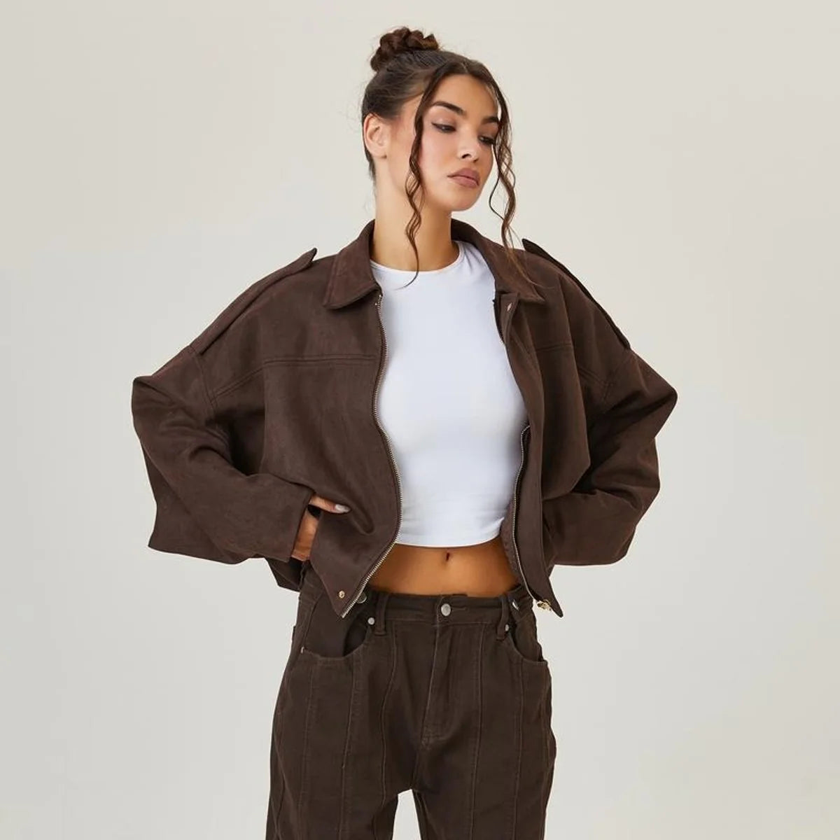 Brown Women's Vintage Faux Suede Bomber Jacket with Oversized Fit & Zip Front — Lexie