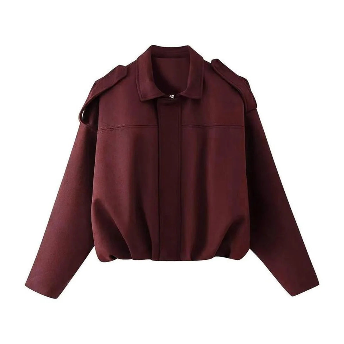 Burgundy Women's Vintage Faux Suede Bomber Jacket with Oversized Fit & Zip Front — Lexie