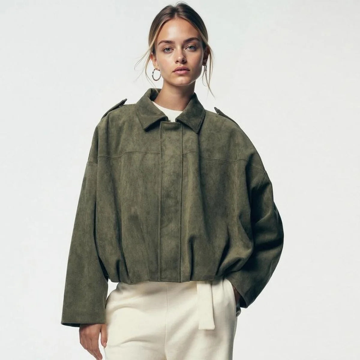 Olive Women's Vintage Faux Suede Bomber Jacket with Oversized Fit & Zip Front — Lexie