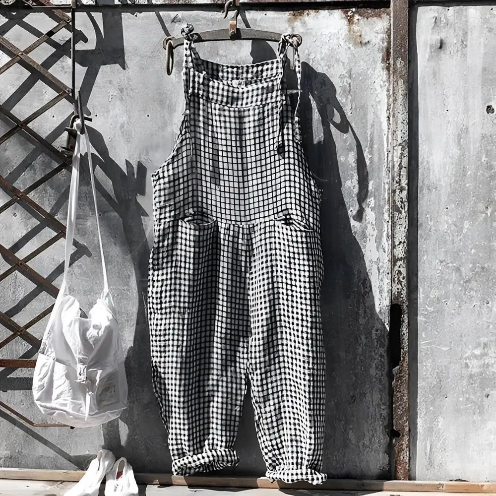 Black Women's Vintage Striped Linen Overall with Adjustable Straps