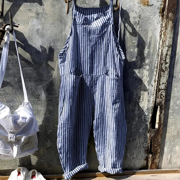 Blue Women's Vintage Striped Linen Overall with Adjustable Straps