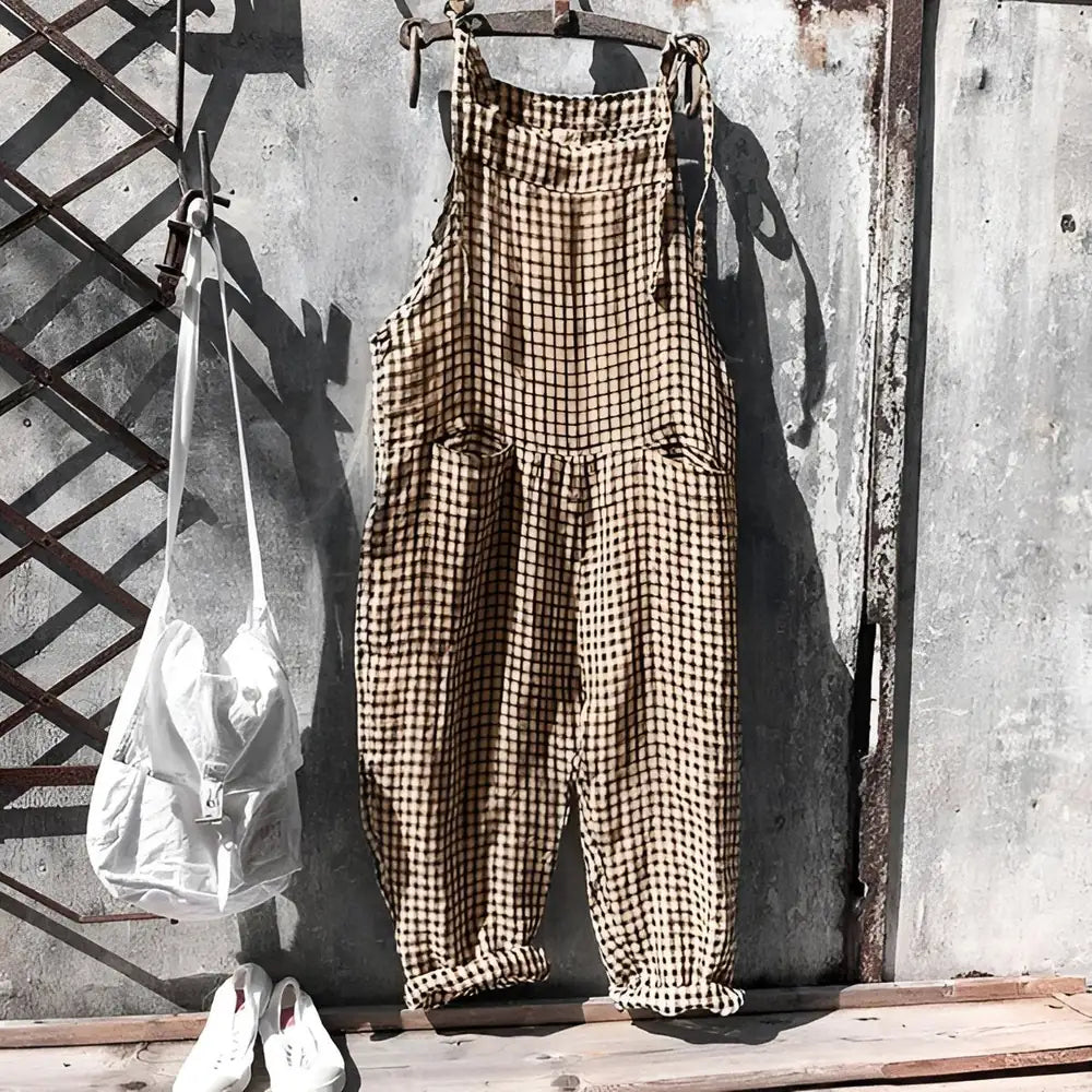 Brown Women's Vintage Striped Linen Overall with Adjustable Straps