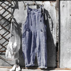 Dark Blue Women's Vintage Striped Linen Overall with Adjustable Straps — Emerson