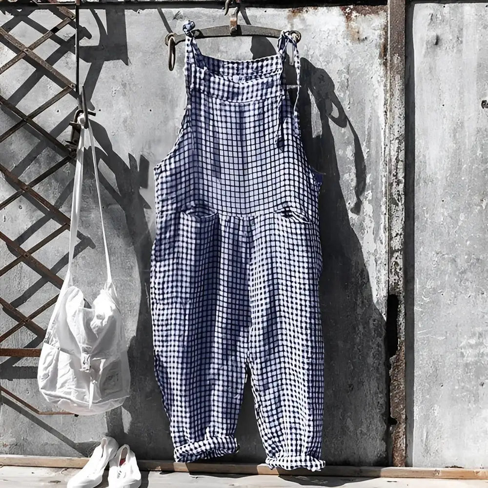 Dark Blue Women's Vintage Striped Linen Overall with Adjustable Straps — Emerson