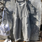 Gray Women's Vintage Striped Linen Overall with Adjustable Straps