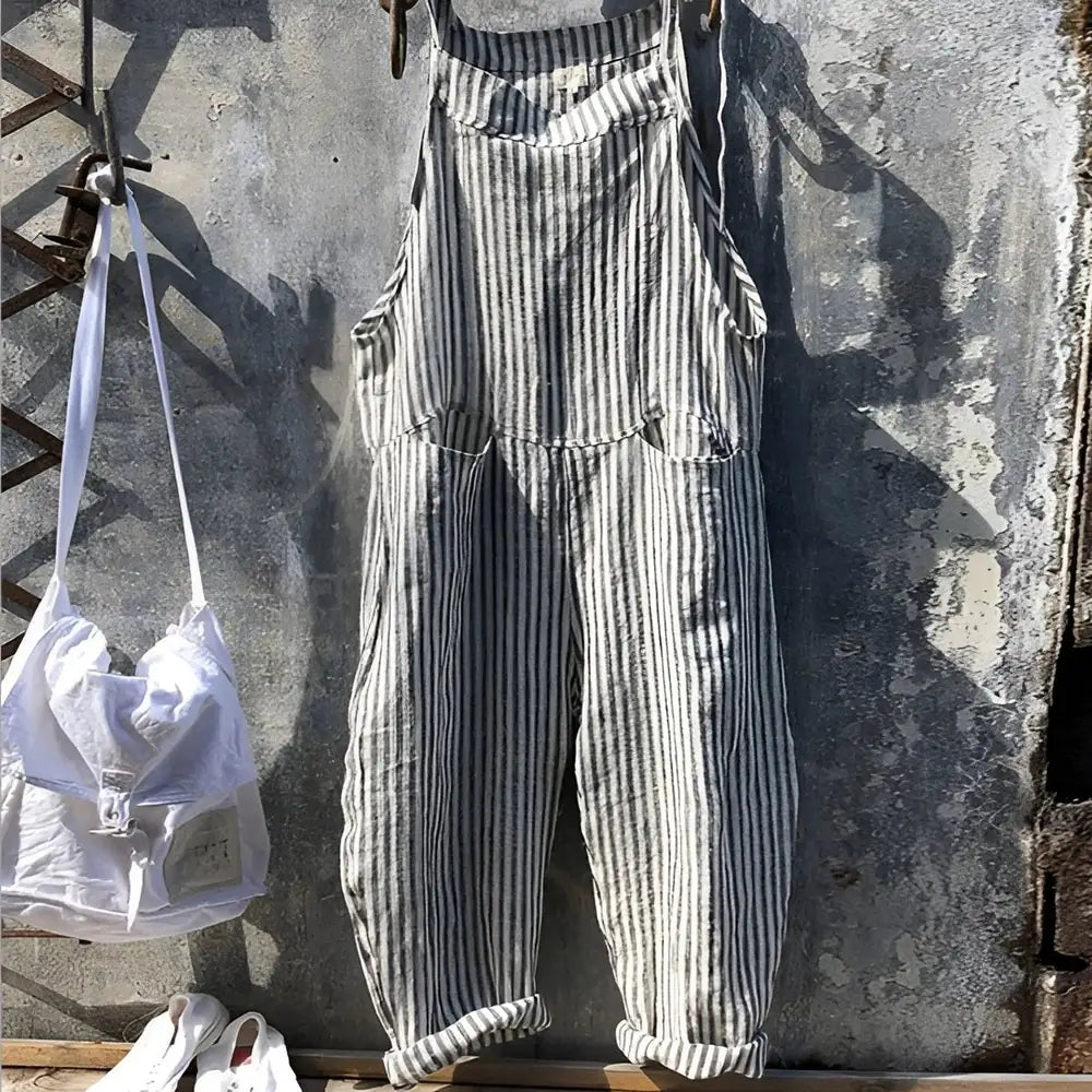 Gray Women's Vintage Striped Linen Overall with Adjustable Straps