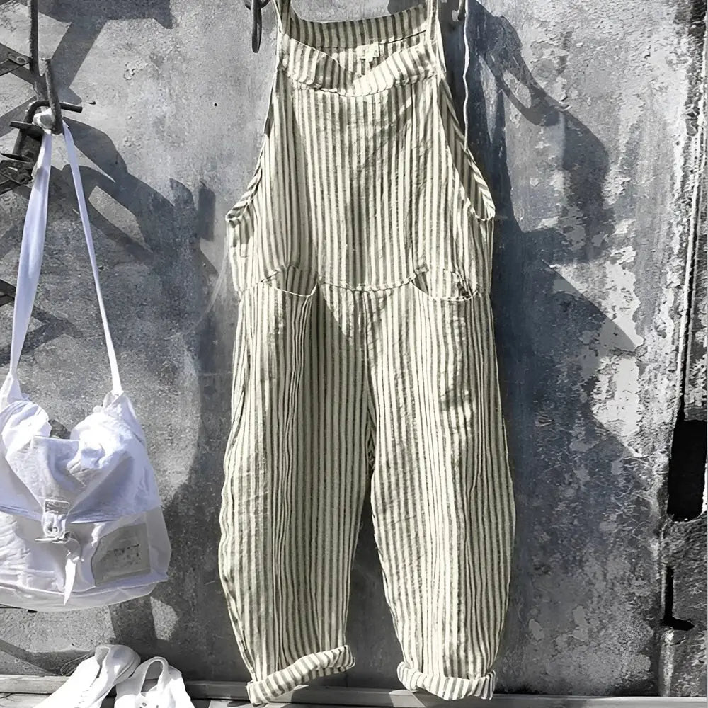 Green Women's Vintage Striped Linen Overall with Adjustable Straps — Emerson
