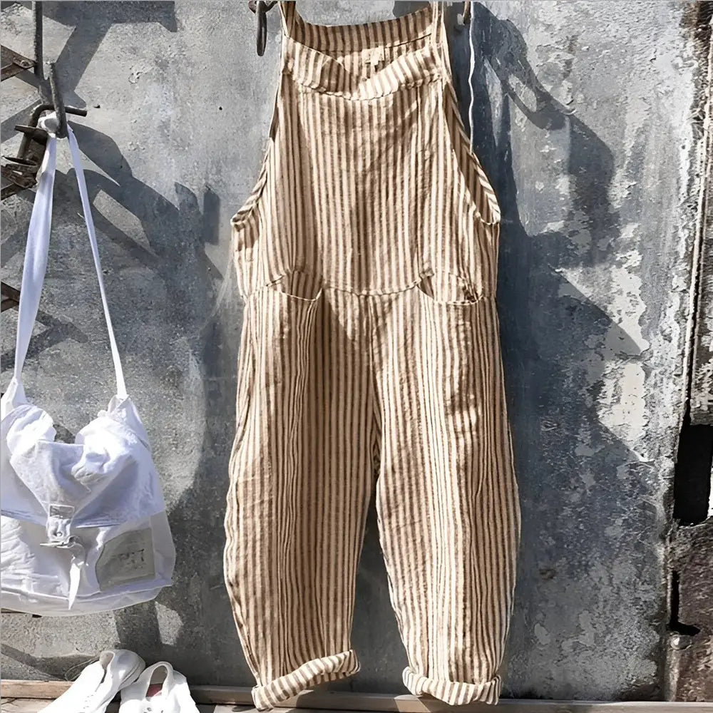 Light Brown Women's Vintage Striped Linen Overall with Adjustable Straps