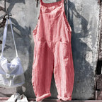 Red Women's Vintage Striped Linen Overall with Adjustable Straps