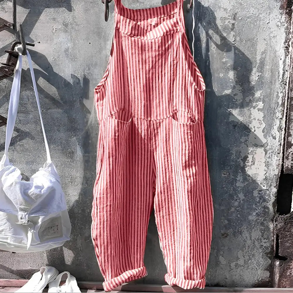 Red Women's Vintage Striped Linen Overall with Adjustable Straps