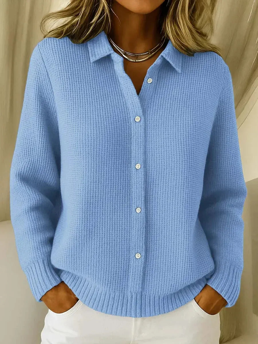 Light Blue Women's Collared Waffle Knit Cardigan — Shiloh Relaxed Button-Front Everyday - Front Full