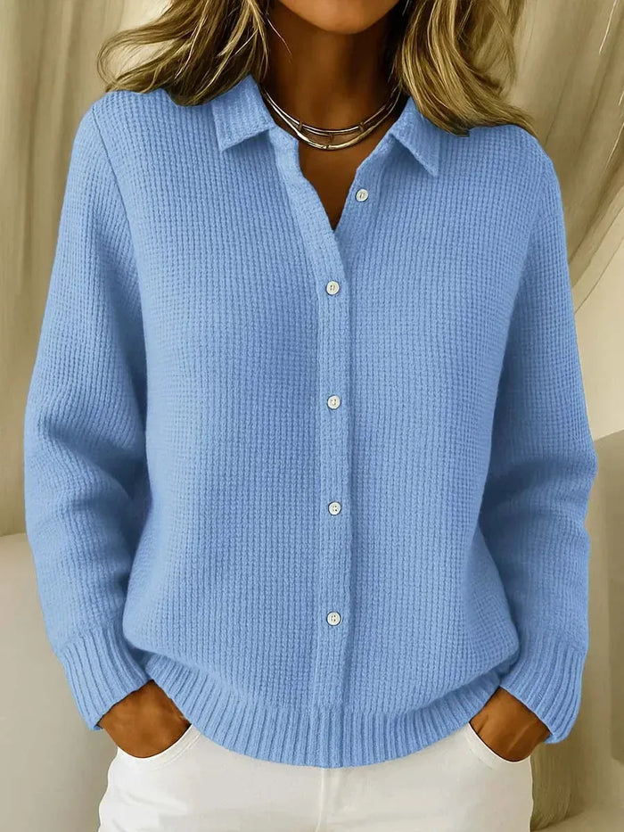 Light Blue Women's Collared Waffle Knit Cardigan — Shiloh Relaxed Button-Front Everyday - Front Full