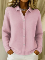 Pink Women's Collared Waffle Knit Cardigan — Shiloh Relaxed Button-Front Everyday - Close Up Buttons