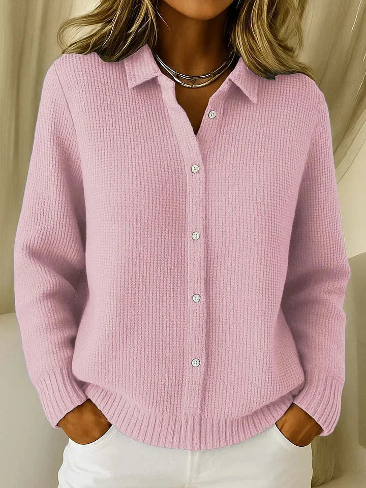 Pink Women's Collared Waffle Knit Cardigan — Shiloh Relaxed Button-Front Everyday - Close Up Buttons