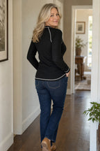 Women's Waffle Knit Henley Top with Contrast-Stitch Detail - Back Full Hallway