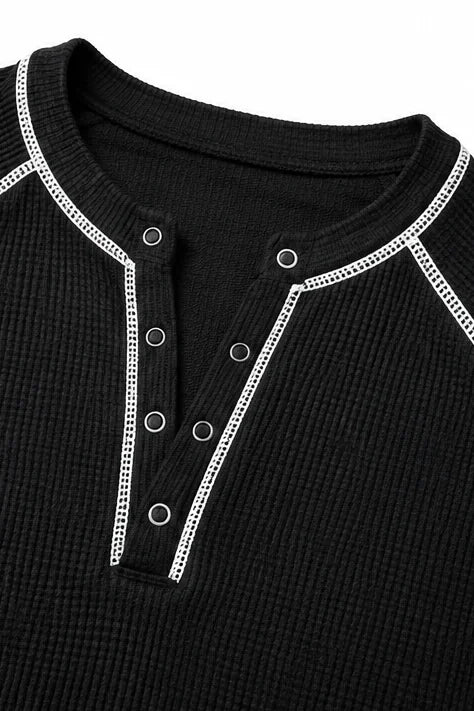 Women's Waffle Knit Henley Top with Contrast-Stitch Detail - Flat Lay Collar Detail