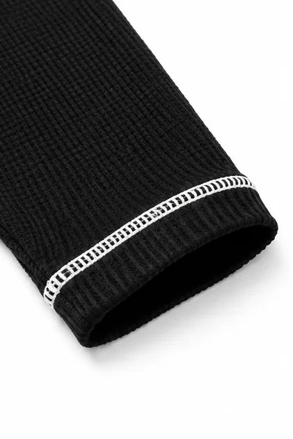 Women's Waffle Knit Henley Top with Contrast-Stitch Detail - Flat Lay Cuff Detail