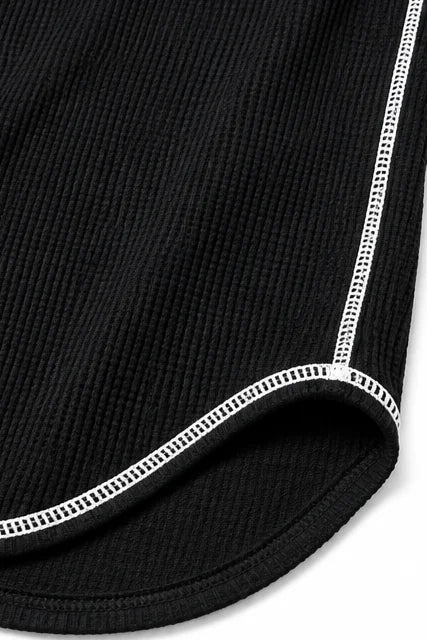Women's Waffle Knit Henley Top with Contrast-Stitch Detail - Flat Lay Hem Detail