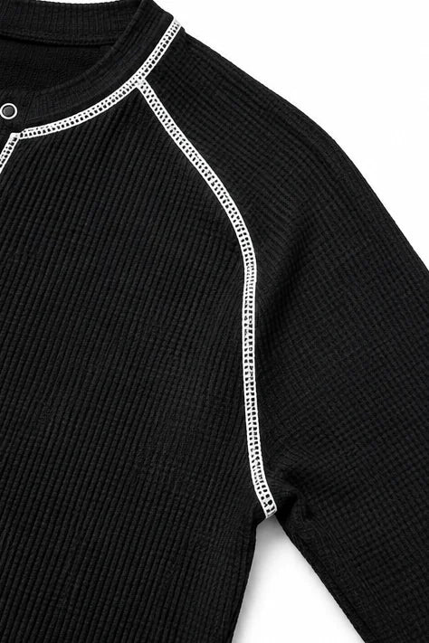 Women's Waffle Knit Henley Top with Contrast-Stitch Detail - Flat Lay Shoulder Detail