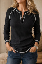 Women's Waffle Knit Henley Top with Contrast-Stitch Detail - Front Closeup Neckline