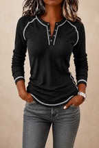 Black Women's Waffle Knit Henley Top with Contrast-Stitch Detail