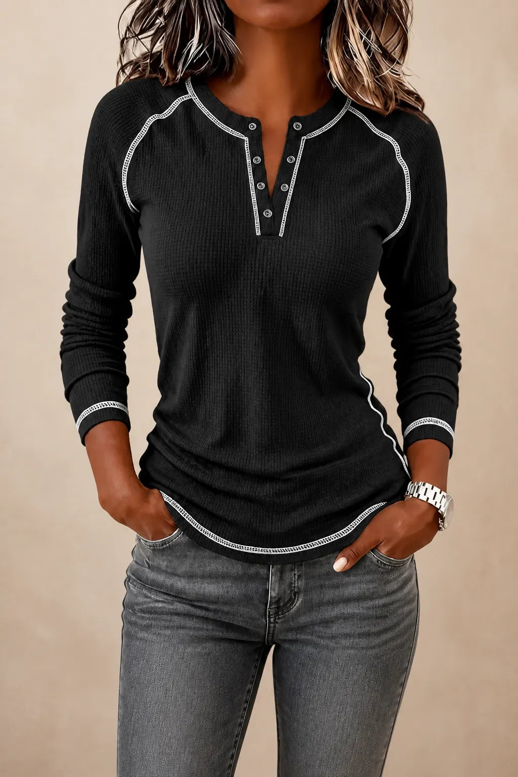 Black Women's Waffle Knit Henley Top with Contrast-Stitch Detail