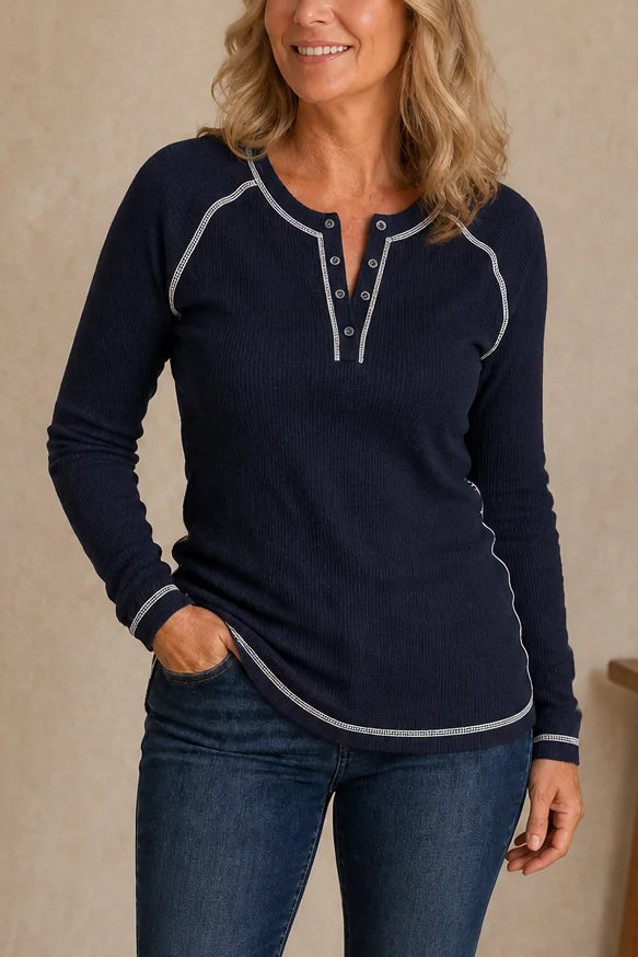 Navy Women's Waffle Knit Henley Top with Contrast-Stitch Detail