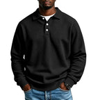Black Men's Polo Shirt in Waffle Knit with Button Placket & Ribbed Cuffs