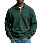 Grass green Men's Polo Shirt in Waffle Knit with Button Placket & Ribbed Cuffs