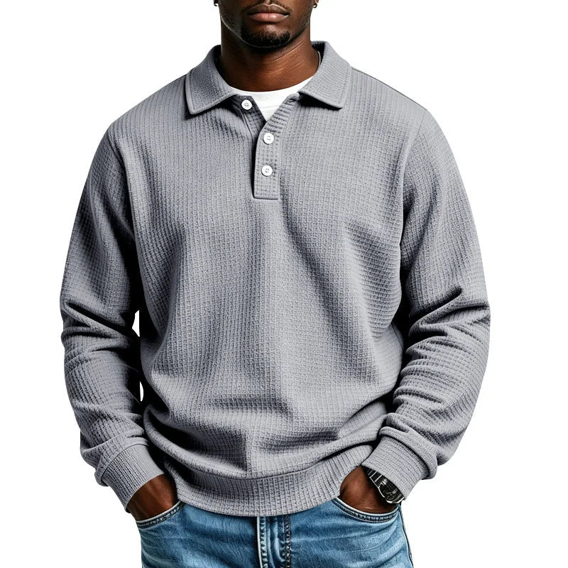 Gray Men's Polo Shirt in Waffle Knit with Button Placket & Ribbed Cuffs - Front Pose