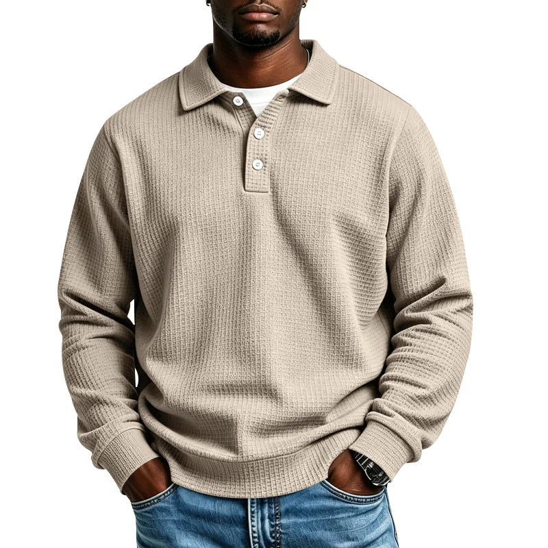 Khaki Men's Polo Shirt in Waffle Knit with Button Placket & Ribbed Cuffs