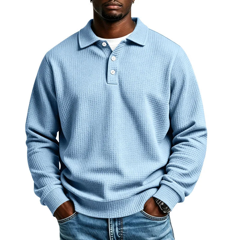 Light Blue Men's Polo Shirt in Waffle Knit with Button Placket & Ribbed Cuffs - Front