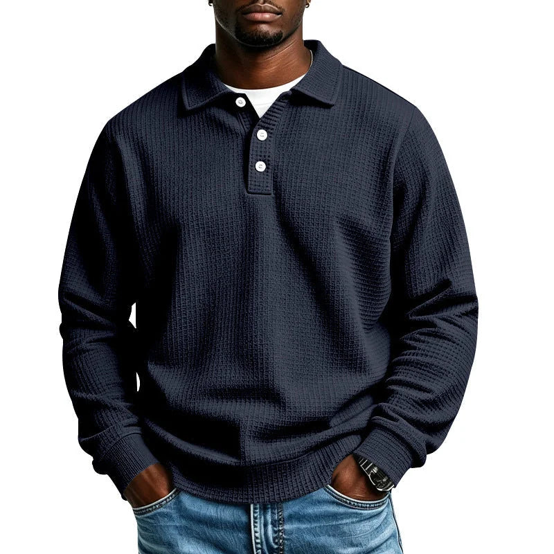 Men's Polo Shirt in Waffle Knit with Button Placket & Ribbed Cuffs - Front